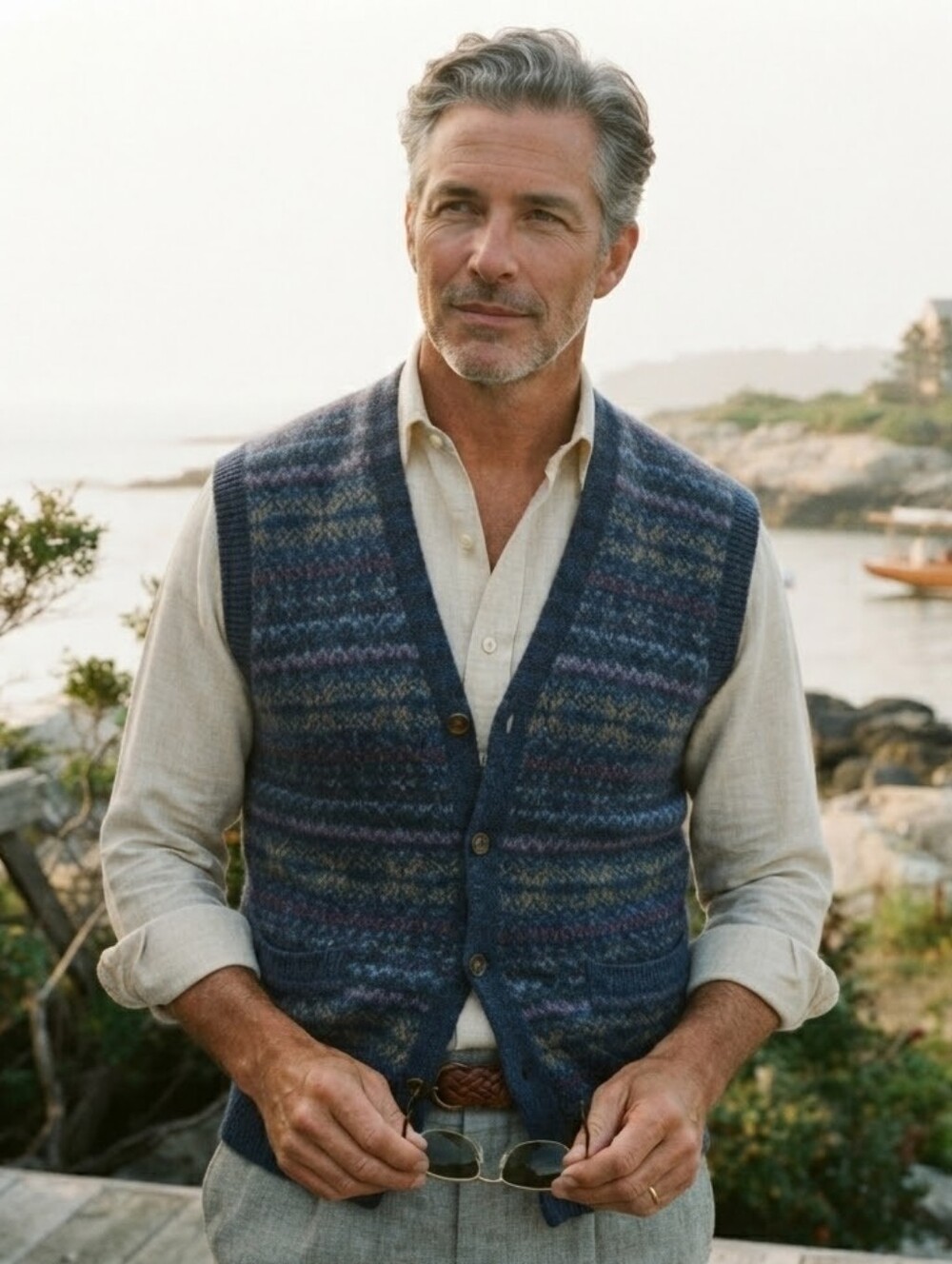 Chinook L Vintage Fair Isle Linen Cotton Knit Vest Retro Eclectic Grandpa